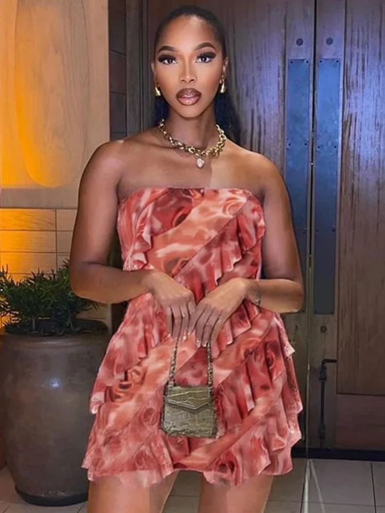 BOOFEENAA Pink Flower Mesh Ruffled Dresses Sexy Club Outfit for Womens Strapless Backless Mini Dress Summer 2025 D85-CZ18