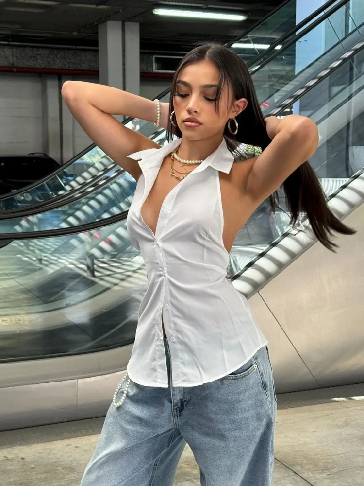 BOOFEENAA Sleeveless Backless Tie Up Halterneck Top Fashion Sexy White Shirts & Blouses Women 2025 Summer Tops D56-BG20
