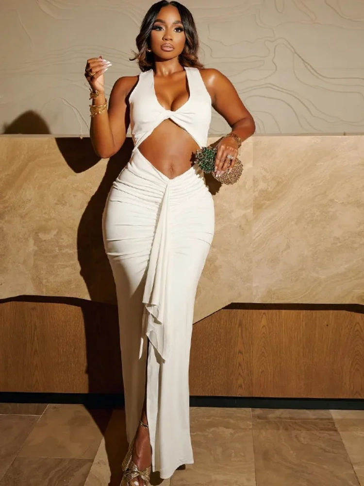 BOOFEENAA Twisted Hollow Sleeveless Split Maxi Dress White Black Elegant Evening Dresses for Women Party Outfits D17-CD23