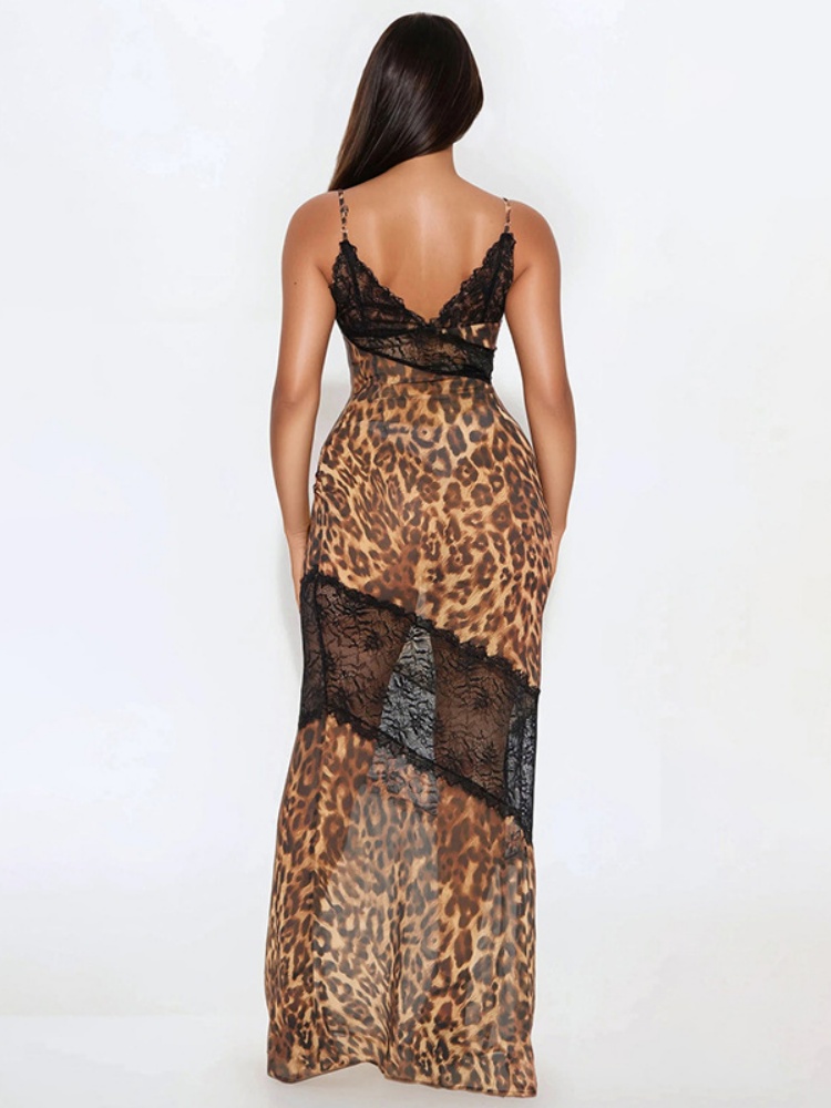 BOOFEENAA Sexy Leopard Print Deep V Backless Fishtail Maxi Dress Lace Mesh Patchwork Clothing Woman Party Dresses 2025 D85-DF16