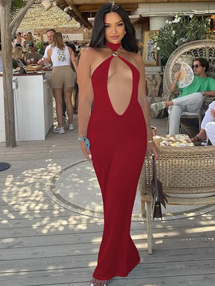 BOOFEENAA Hollow Out Halter Backless Maxi Dresses Women Sexy Party Dress White Black Red Night Club Outfits Summer 2025 D16-BF29