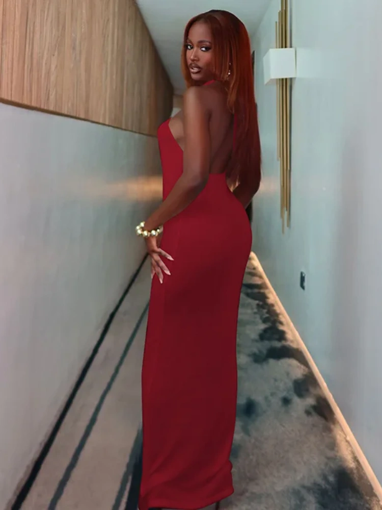 BOOFEENAA Hollow Out Halter Backless Maxi Dresses Women Sexy Party Dress White Black Red Night Club Outfits Summer 2025 D16-BF29