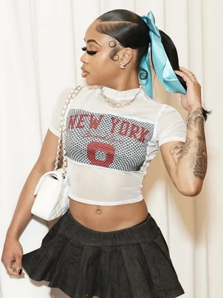 BOOFEENAA Cute Graphic T Shirt Letter Print Patchwork Mesh See Through Sexy Short Sleeve Crop Tops for Women Clothing D82-AI12