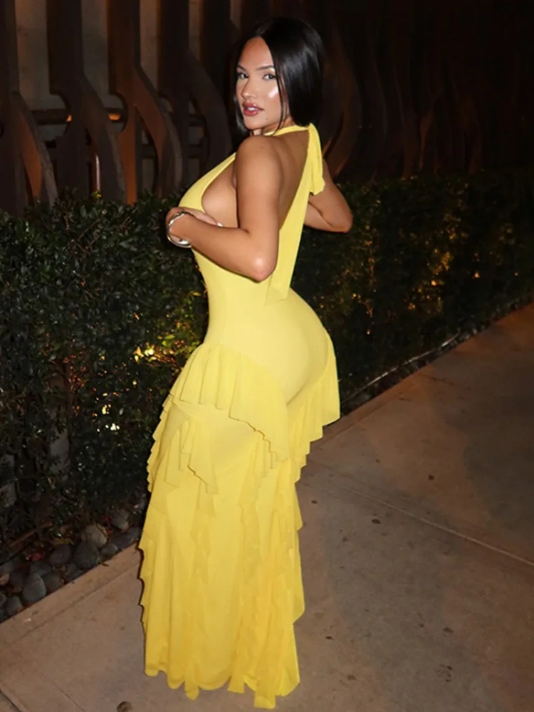 BOOFEENAA Sleeveless Backless Ruffled Maxi Dress Sexy Elegant Yellow Summer Dresses for Woman Vacation Outfits D85-EZ43