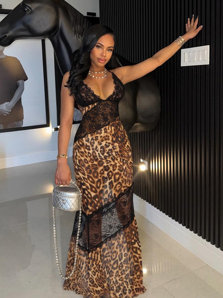 BOOFEENAA Sexy Leopard Print Deep V Backless Fishtail Maxi Dress Lace Mesh Patchwork Clothing Woman Party Dresses 2025 D85-DF16