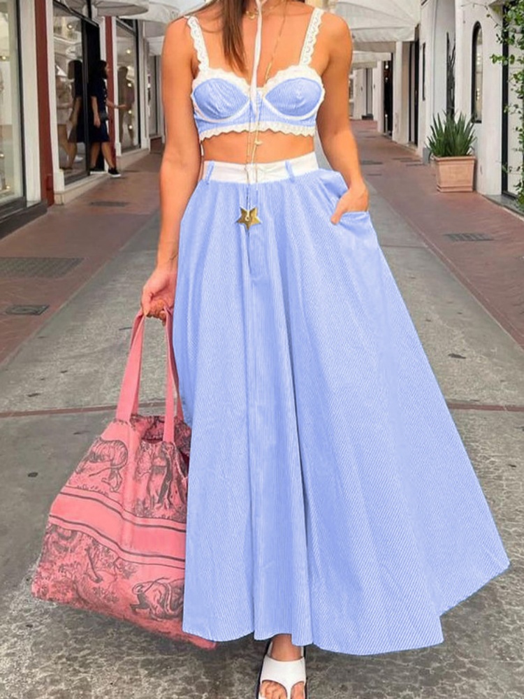 BOOFEENAA Fashion Blue Print Sets For Women 2 Pieces Autumn Spaghetti Strap Lace Bra And High Waisted Loose Pleated Skirts Sets C0-HF37