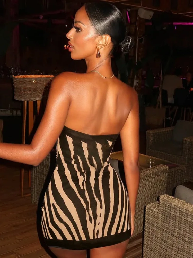 BOOFEENAA Zebra Print Tube Dress Sexy Club Outfit for Womens Backless Mini Bodycon Dresses Summer 2025 D85-AH12