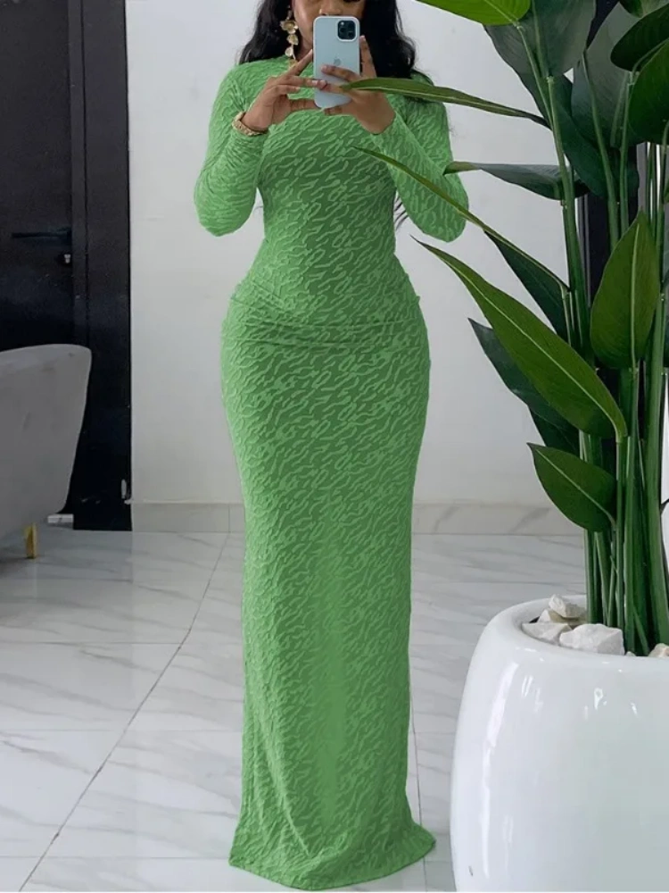 BOOFEENAA Long Sleeve Bodycon Maxi Dress Green White Elegant Dresses Woman 2025 Spring Clothes D82-CH39
