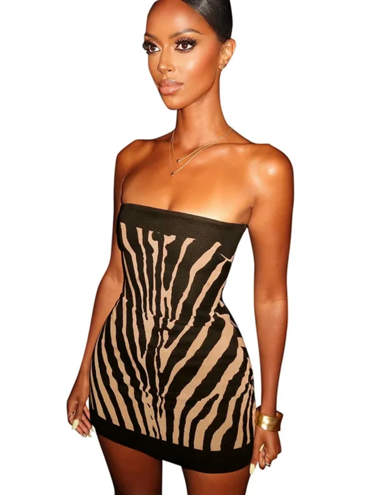 BOOFEENAA Zebra Print Tube Dress Sexy Club Outfit for Womens Backless Mini Bodycon Dresses Summer 2025 D85-AH12