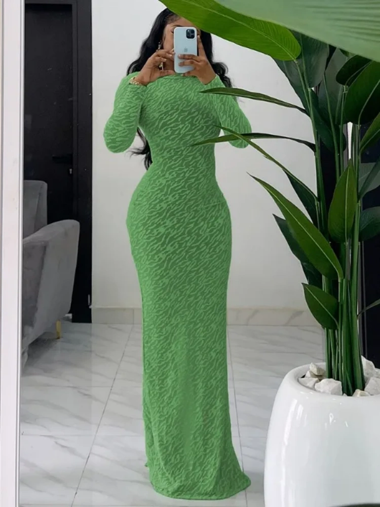BOOFEENAA Long Sleeve Bodycon Maxi Dress Green White Elegant Dresses Woman 2025 Spring Clothes D82-CH39