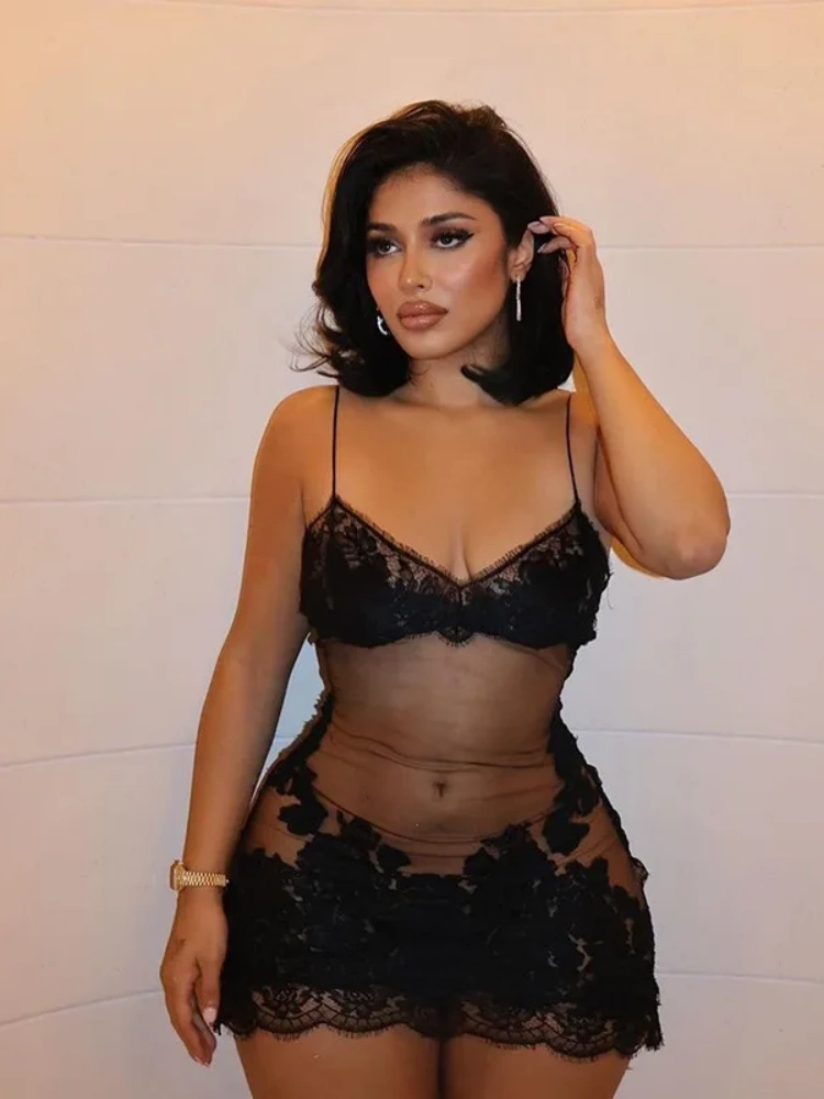 BOOFEENAA See Through Lace Mesh Dress Black White Spaghetti Strap Backless Mini Dresses Sexy Club Outfits for Women D56-CD10