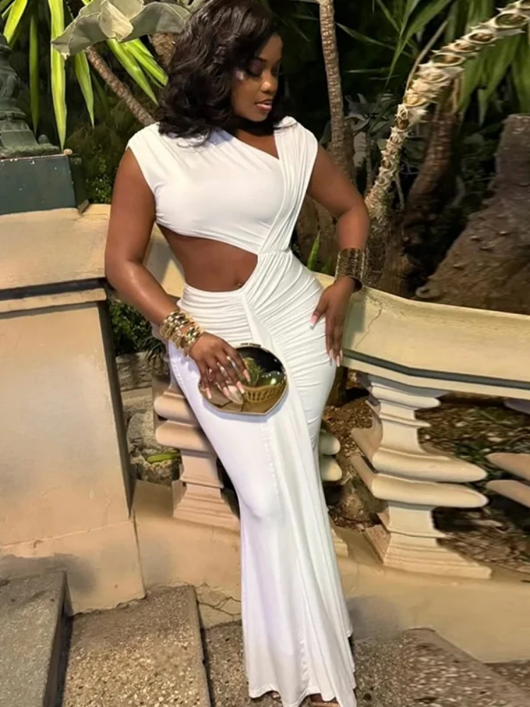 BOOFEENAA Asymmetrical Cut Out Ruched Long Maxi Dresses for Women Elegant Evening Dress White Black D17-DZ25