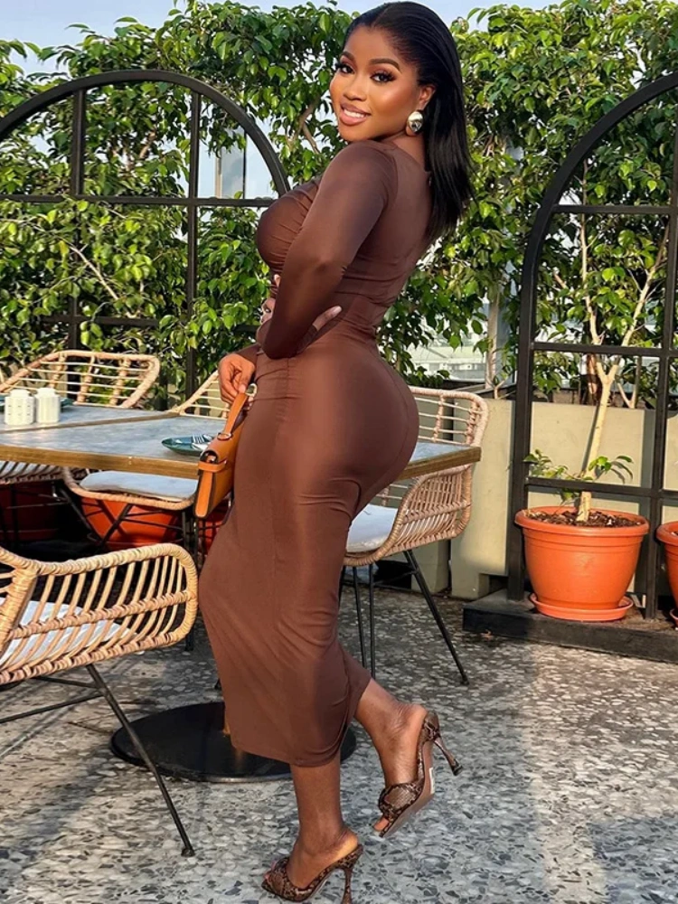 BOOFEENAA Ruched Long Dress Women Elegant Party Long Sleeve Bodycon Dresses Brown Black Vestidos Spring 2025 D17-CZ21