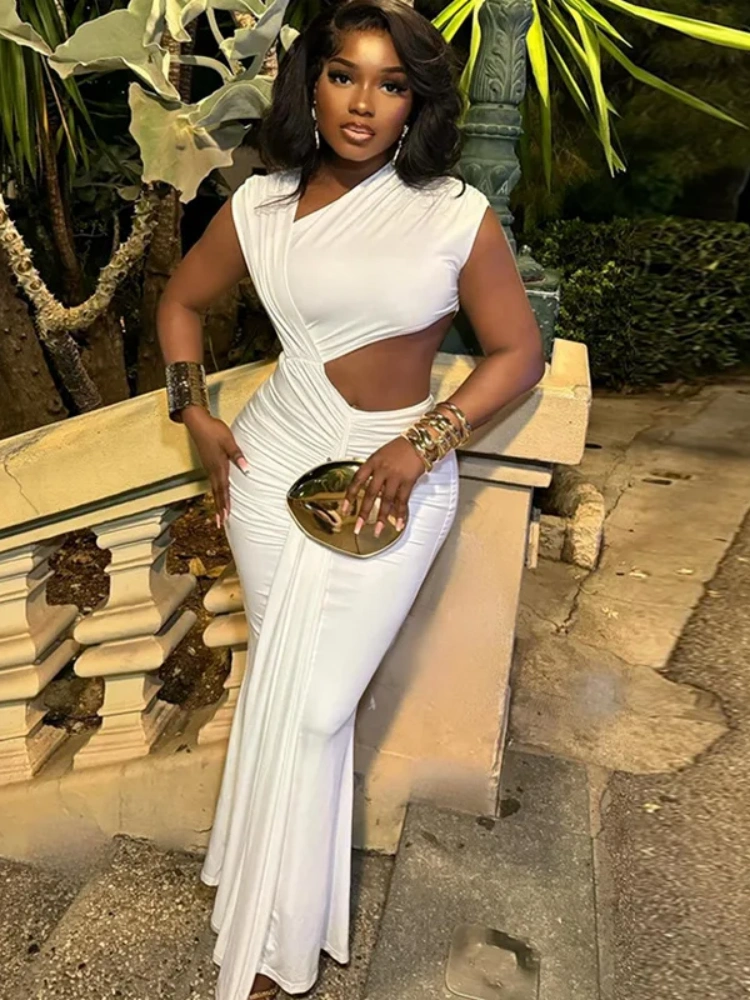 BOOFEENAA Asymmetrical Cut Out Ruched Long Maxi Dresses for Women Elegant Evening Dress White Black D17-DZ25