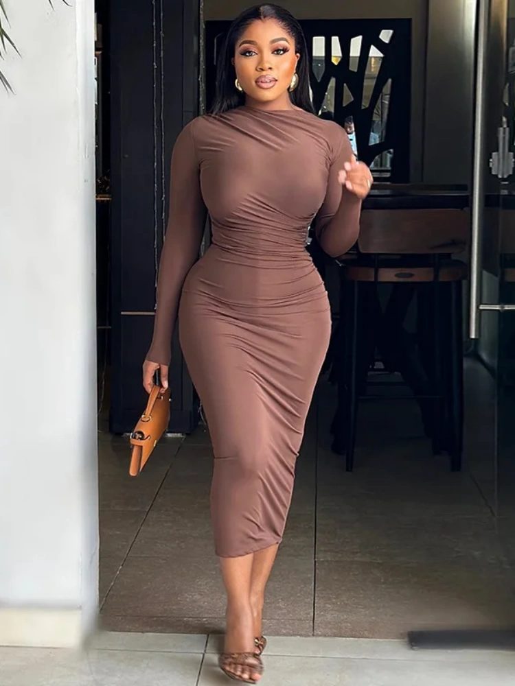 BOOFEENAA Ruched Long Dress Women Elegant Party Long Sleeve Bodycon Dresses Brown Black Vestidos Spring 2025 D17-CZ21