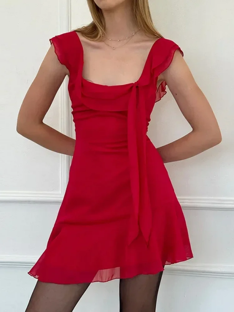 BOOFEENAA Sleeveless Backless Square Neck Ruffled Mini Dress French Style Flowy Chiffon Summer Dresses for Women 2025 C95-DF32