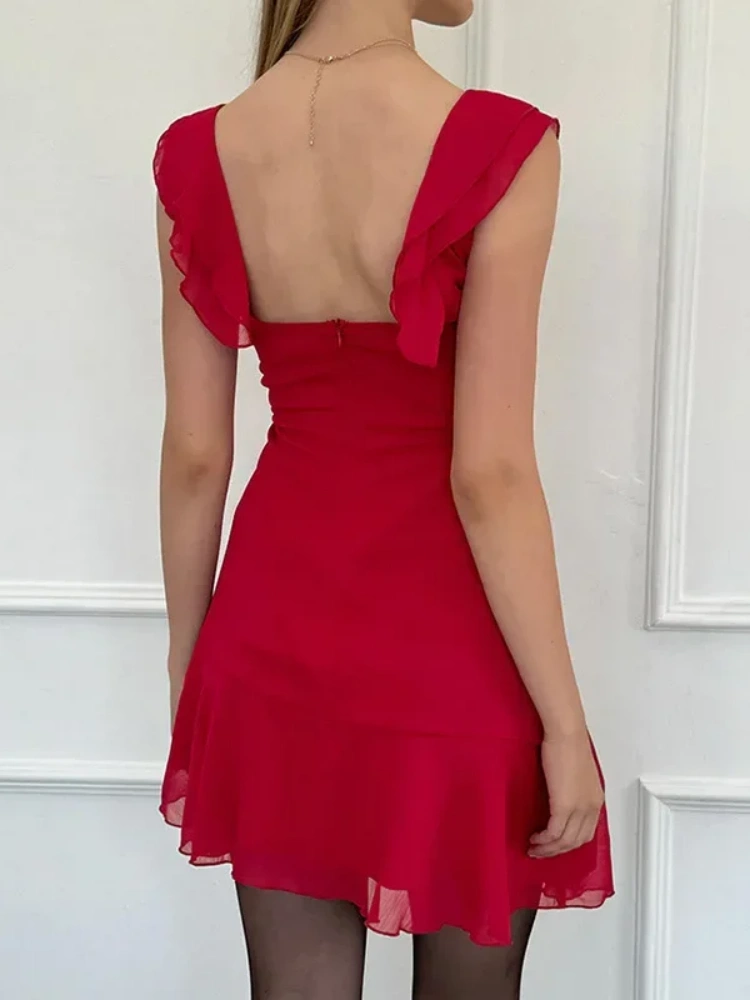 BOOFEENAA Sleeveless Backless Square Neck Ruffled Mini Dress French Style Flowy Chiffon Summer Dresses for Women 2025 C95-DF32