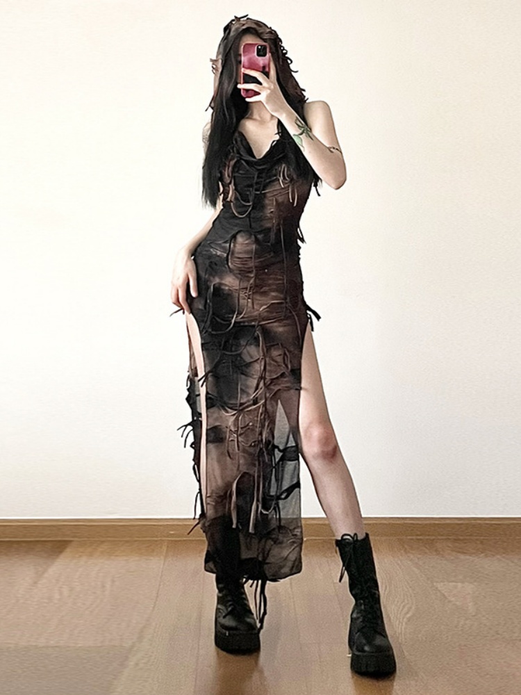 BOOFEENAA Brown Tie Dye Hooded High Split Long Dresses Trashy Y2k Clothing Street Style Distressed Tassel Dress P94-DZ27