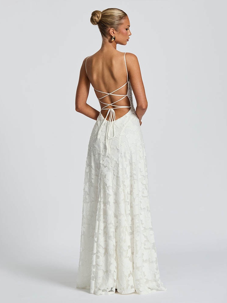 BOOFEENAA Lace Up Sleeveless Backless Maxi Dress Sexy Elegant White Evening Dresses Woman Party Wear C92-GB34
