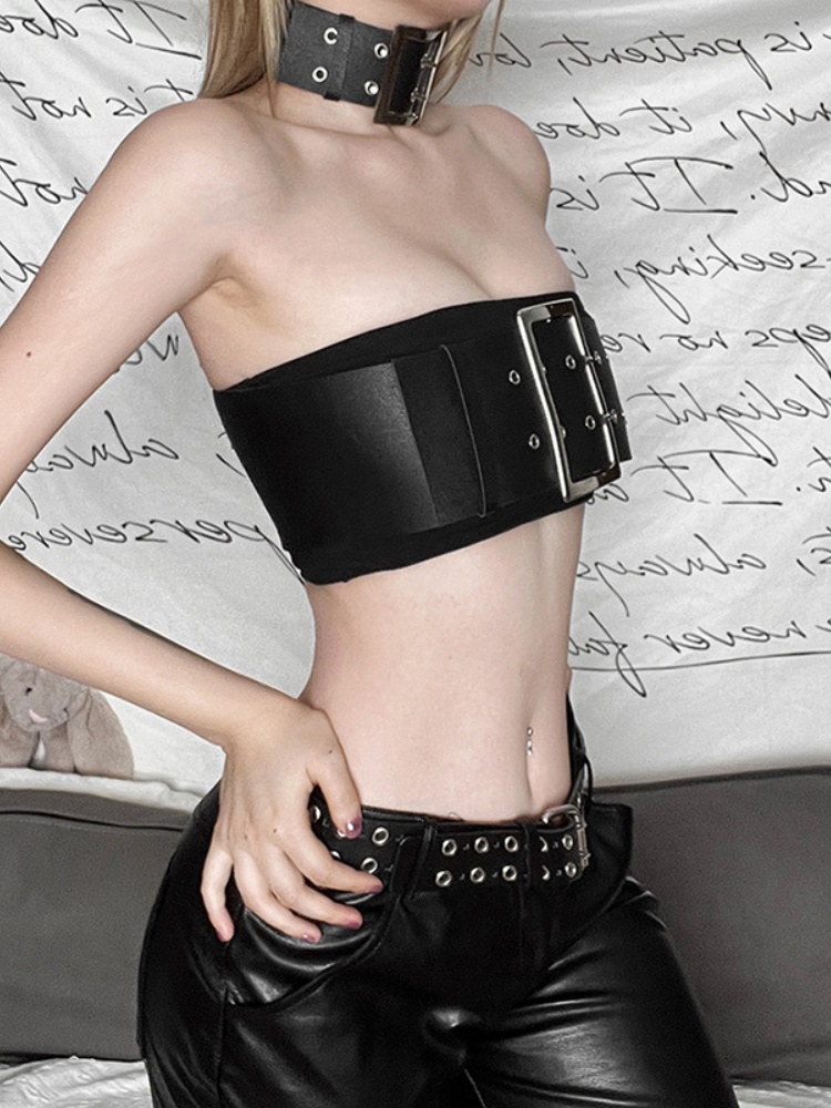 BOOFEENAA PU Leather Black Tank Top Woman Belt Cropped Tube Top with Choker Cyberpunk Streetwear Women Trending Clothing P94-CI26