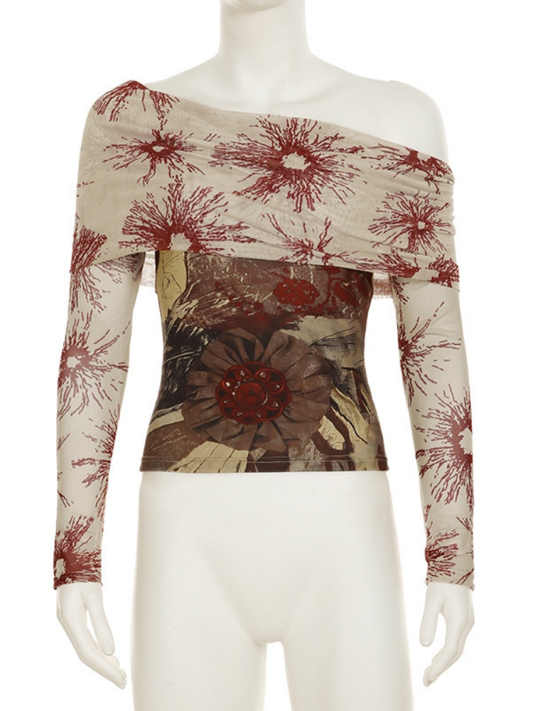 BOOFEENAA Retro Floral Print Graphic Tees Y2k 2000s Clothes Mesh Spliced Off Shoulder Long Sleeve Top T Shirts for Woman P84BF17