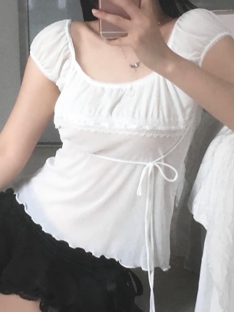 BOOFEENAA Bubble Sleeve Square Neck Mesh Shirts & Blouses Shoujo Girl Style White Summer Tops Cutecore Clothes P67-BF13