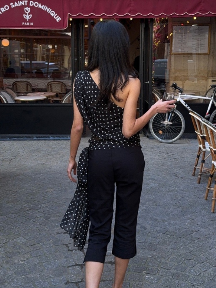 BOOFEENAA Polka Dot Print Mesh One Shoulder Tank Top 2025 Summer Crop Tops for Woman Fashion Sleeveless Shirts P33-AH10