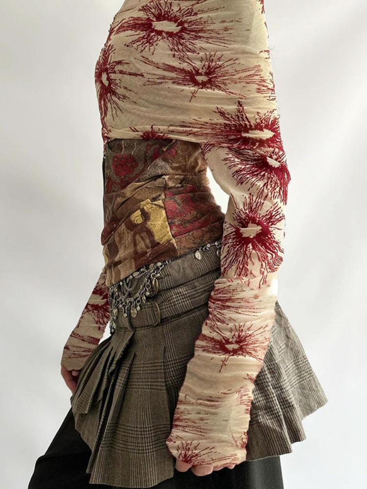 BOOFEENAA Retro Floral Print Graphic Tees Y2k 2000s Clothes Mesh Spliced Off Shoulder Long Sleeve Top T Shirts for Woman P84BF17