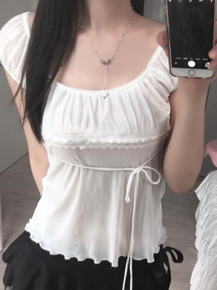 BOOFEENAA Bubble Sleeve Square Neck Mesh Shirts & Blouses Shoujo Girl Style White Summer Tops Cutecore Clothes P67-BF13