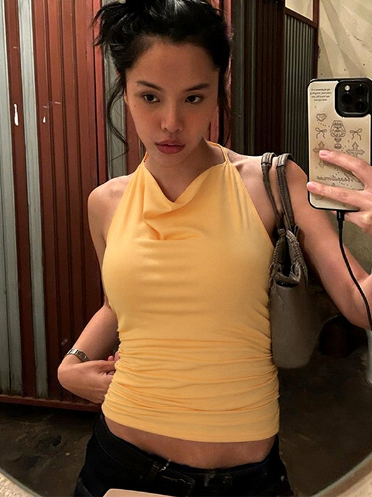 BOOFEENAA Summer Backless Halter Top Sexy Clothes for Women Tanks & Camis Yellow P33-AF10