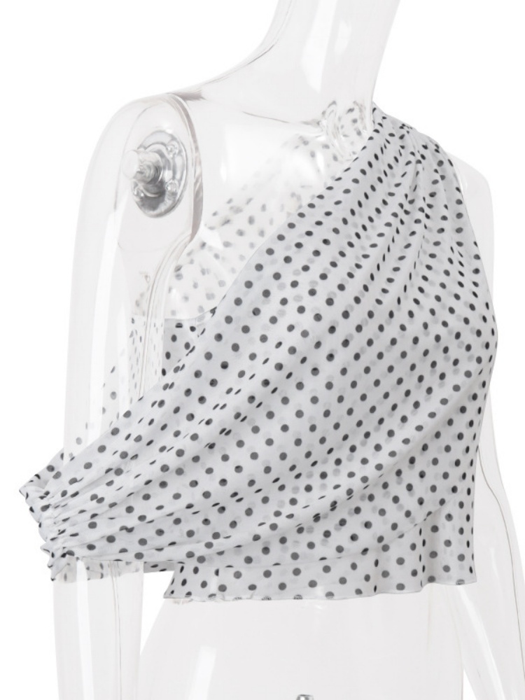 BOOFEENAA Polka Dot Print Mesh One Shoulder Tank Top 2025 Summer Crop Tops for Woman Fashion Sleeveless Shirts P33-AH10
