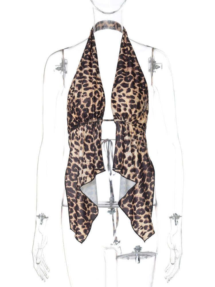 BOOFEENAA Cheetah Print Y2k Crop Tops Lace Up Open Back Halter Top Cardigan Women Sexy Club Clothes Summer 2025 P16-AF10