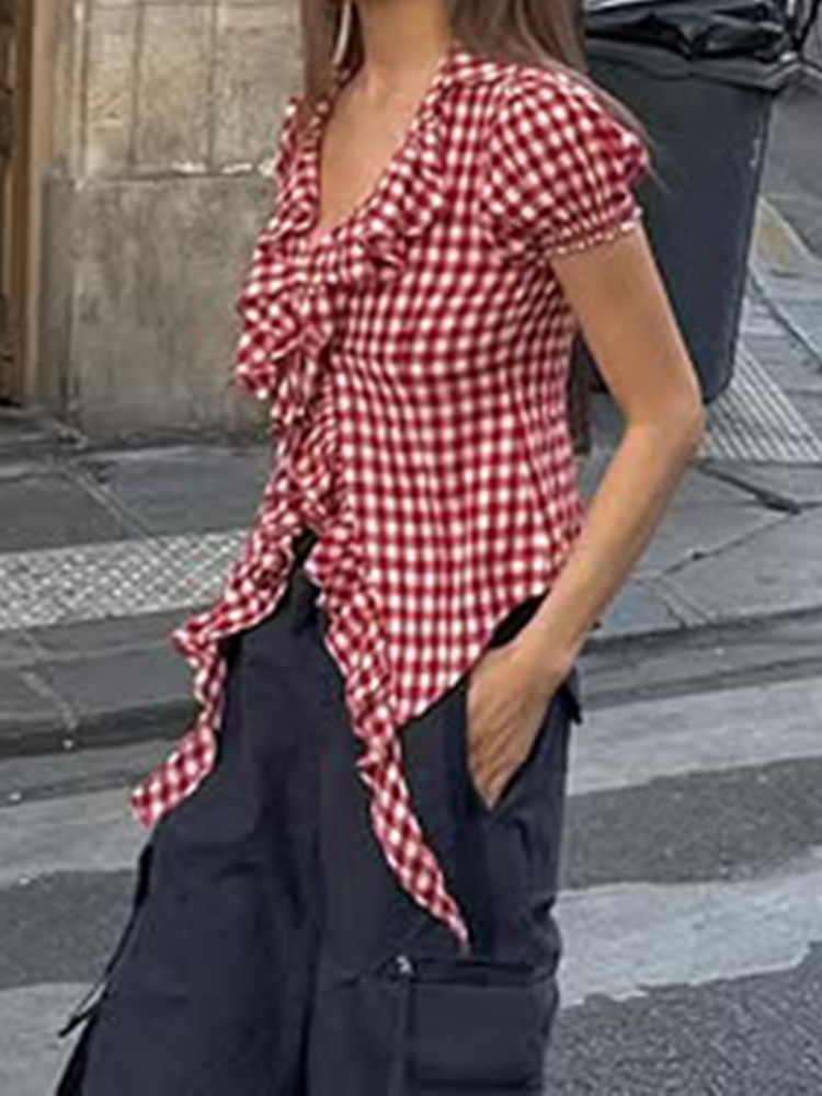 BOOFEENAA Red Plaid Shirts Woman Japanese 2000s Style Y2k Cutecore Clothes Ruffled V Neck Short Sleeve Tops P84-DC20