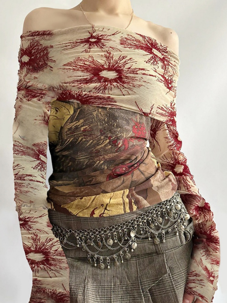 BOOFEENAA Retro Floral Print Graphic Tees Y2k 2000s Clothes Mesh Spliced Off Shoulder Long Sleeve Top T Shirts for Woman P84BF17