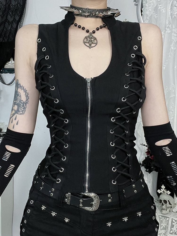 BOOFEENAA Black Tank Tops for Woman Y2k Emo Gothic Clothes Zipper Bandage V Neck Sleeveless Top P80-DC18
