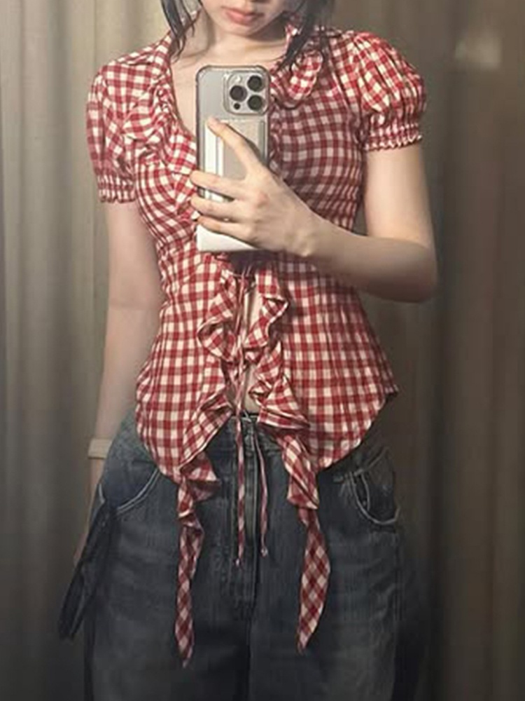 BOOFEENAA Red Plaid Shirts Woman Japanese 2000s Style Y2k Cutecore Clothes Ruffled V Neck Short Sleeve Tops P84-DC20