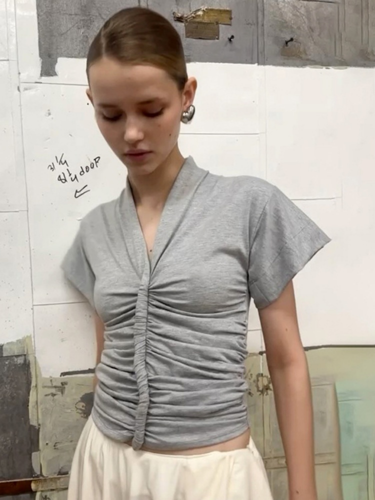 BOOFEENAA V Neck Short Sleeve T Shirts Solid Color Casual Summer Tops for Woman Clothing P85-CZ20