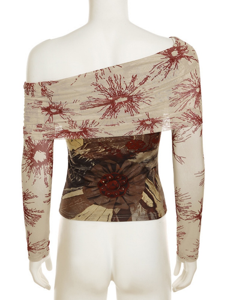 BOOFEENAA Retro Floral Print Graphic Tees Y2k 2000s Clothes Mesh Spliced Off Shoulder Long Sleeve Top T Shirts for Woman P84BF17
