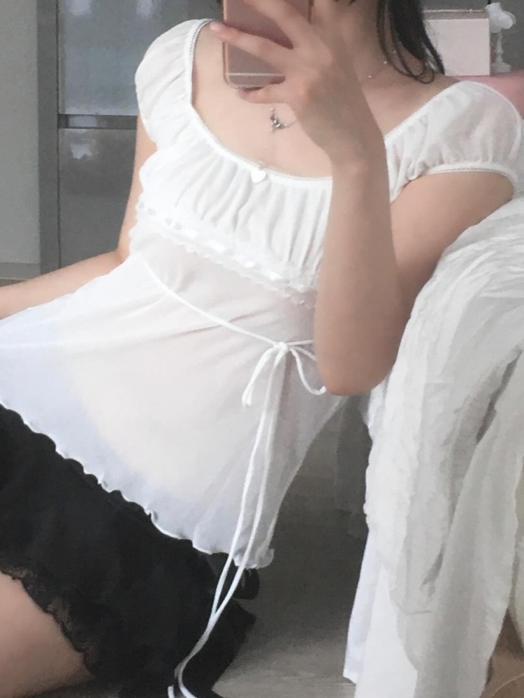 BOOFEENAA Bubble Sleeve Square Neck Mesh Shirts & Blouses Shoujo Girl Style White Summer Tops Cutecore Clothes P67-BF13