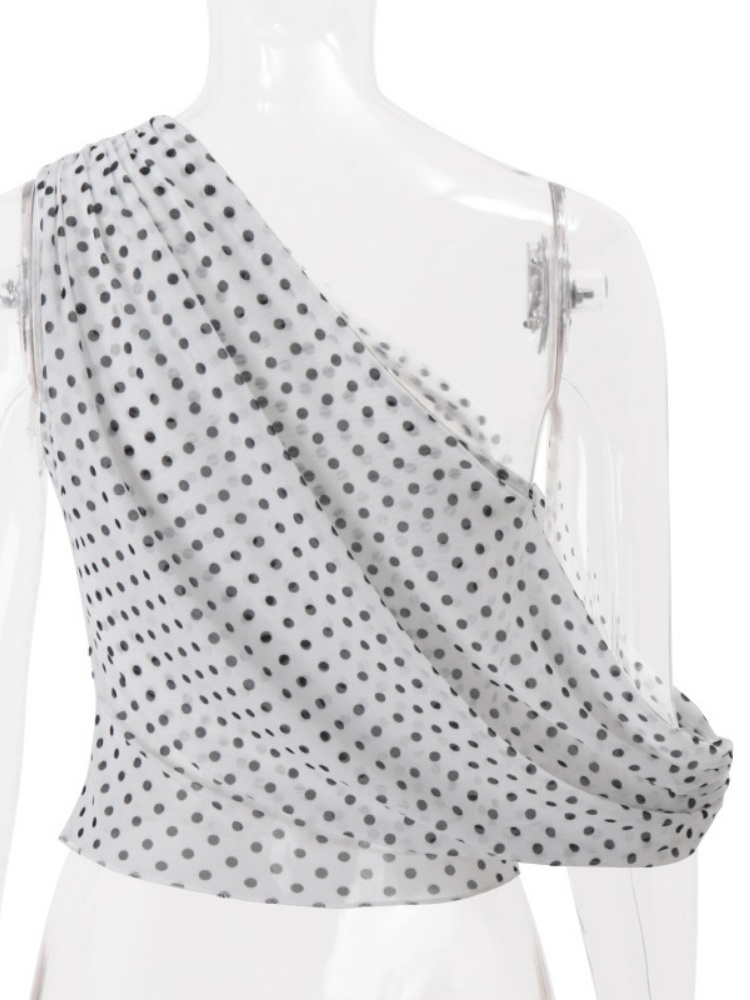 BOOFEENAA Polka Dot Print Mesh One Shoulder Tank Top 2025 Summer Crop Tops for Woman Fashion Sleeveless Shirts P33-AH10