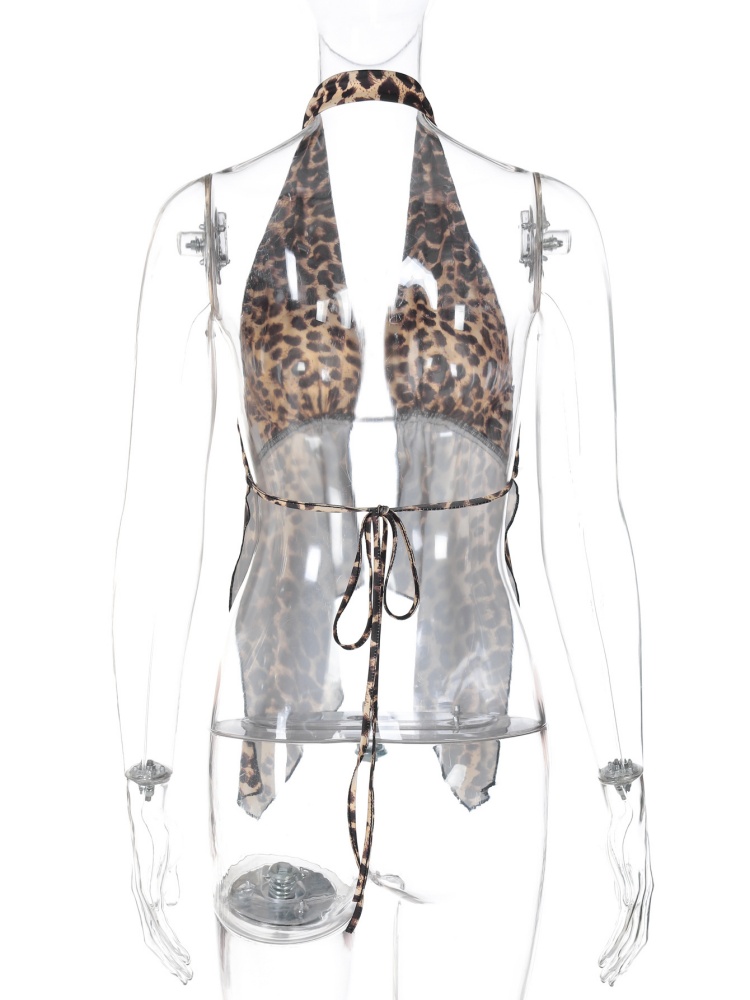 BOOFEENAA Cheetah Print Y2k Crop Tops Lace Up Open Back Halter Top Cardigan Women Sexy Club Clothes Summer 2025 P16-AF10