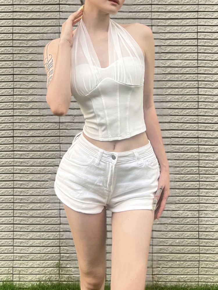 BOOFEENAA Mesh Patchwork Halter Neck Busiter Corset Top Cute Woman Clothes Black White Summer Crop Tops P94-BZ18