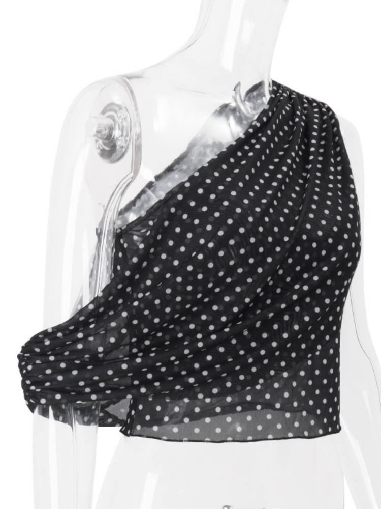 BOOFEENAA Polka Dot Print Mesh One Shoulder Tank Top 2025 Summer Crop Tops for Woman Fashion Sleeveless Shirts P33-AH10