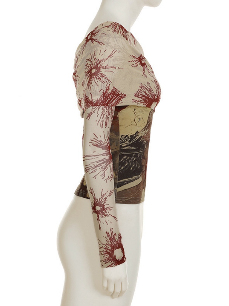 BOOFEENAA Retro Floral Print Graphic Tees Y2k 2000s Clothes Mesh Spliced Off Shoulder Long Sleeve Top T Shirts for Woman P84BF17