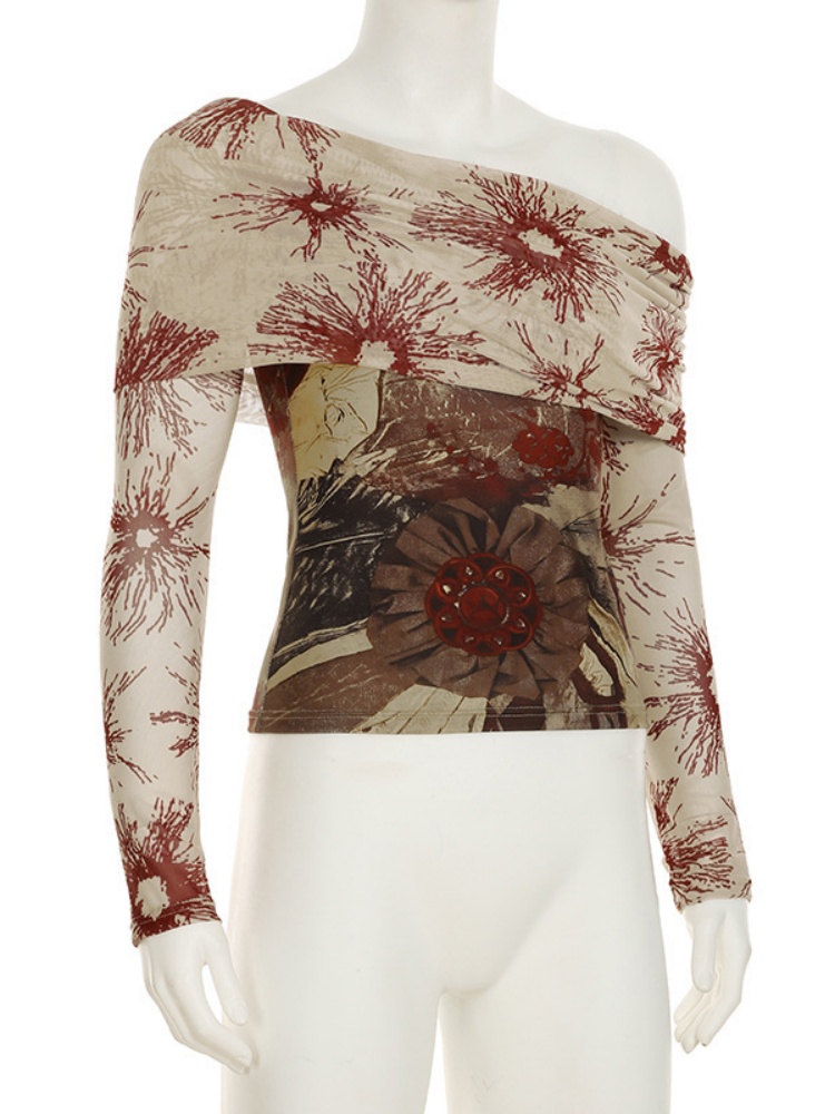 BOOFEENAA Retro Floral Print Graphic Tees Y2k 2000s Clothes Mesh Spliced Off Shoulder Long Sleeve Top T Shirts for Woman P84BF17