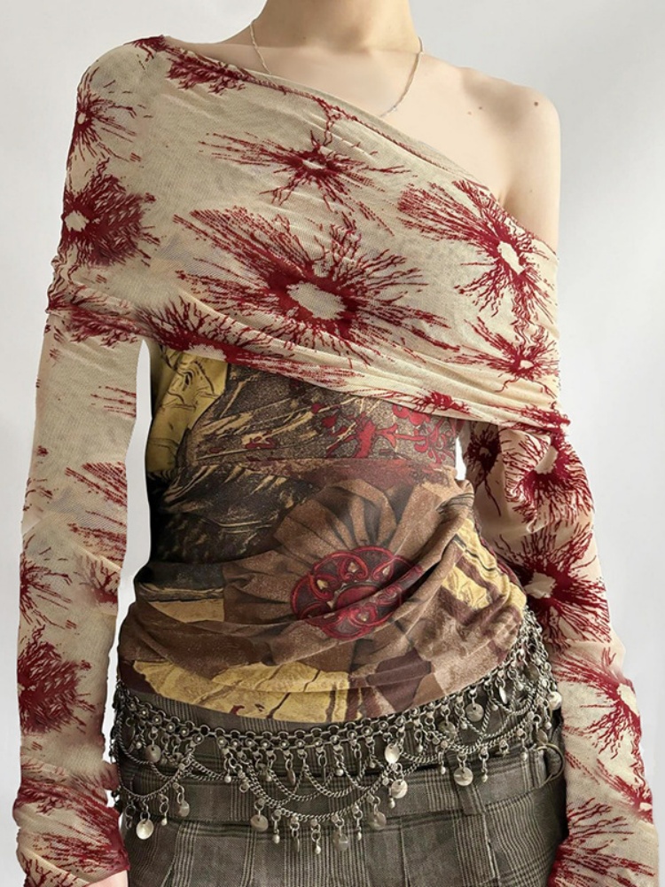 BOOFEENAA Retro Floral Print Graphic Tees Y2k 2000s Clothes Mesh Spliced Off Shoulder Long Sleeve Top T Shirts for Woman P84BF17