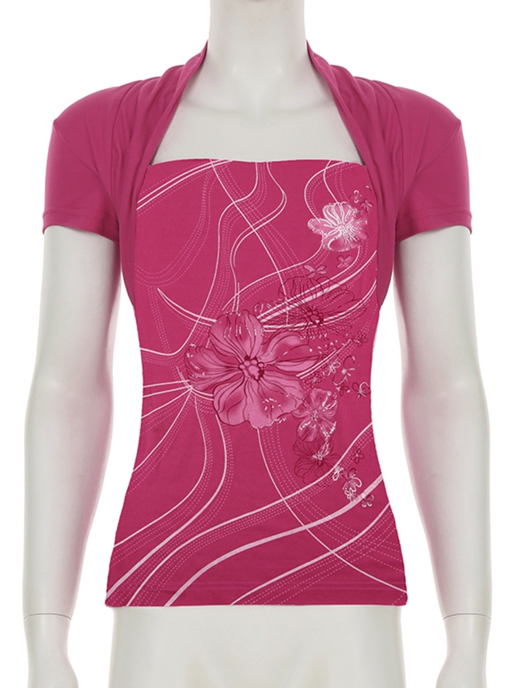 BOOFEENAA Fake Two-piece Short Sleeve Summer Tops Flower Print Graphic T Shirts Shoujo Girl Aesthetic 2000s Y2k Clothes P67-BE16