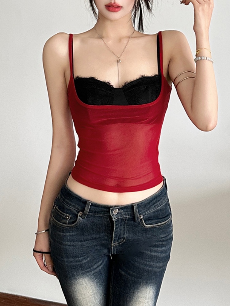 BOOFEENAA Sexy Summer Top for Women Tanks & Camis Black Lace Bralette and See Through Mesh Crop Tops Club Wear P94-BF10