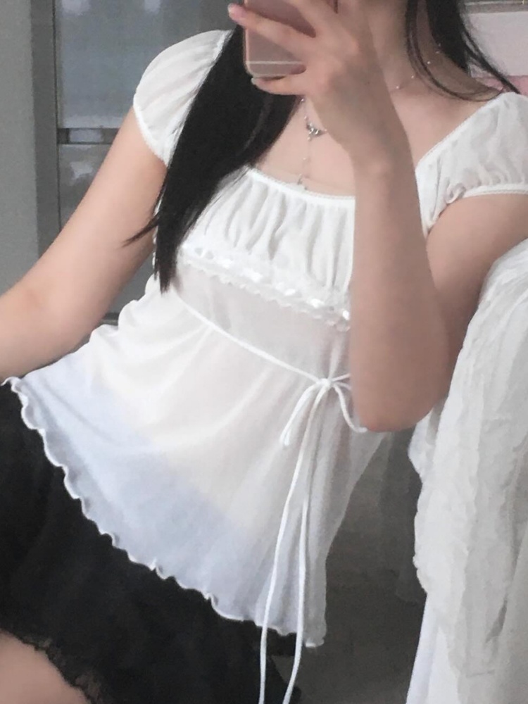 BOOFEENAA Bubble Sleeve Square Neck Mesh Shirts & Blouses Shoujo Girl Style White Summer Tops Cutecore Clothes P67-BF13