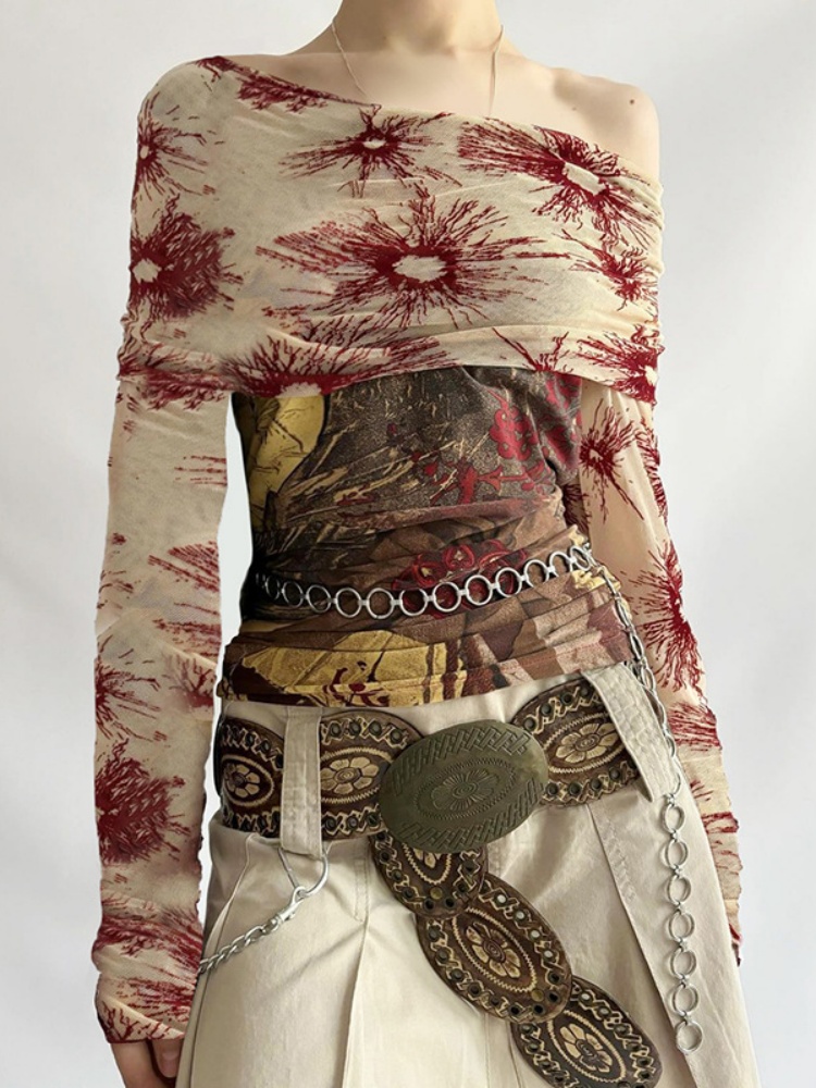 BOOFEENAA Retro Floral Print Graphic Tees Y2k 2000s Clothes Mesh Spliced Off Shoulder Long Sleeve Top T Shirts for Woman P84BF17